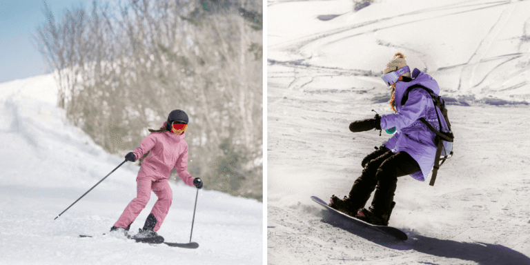 A woman skiing and a woman snowboarding. Is skiing or snowboarding easier. Source: Canva