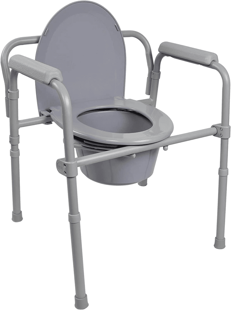 McKesson Commode Camping Toilet. A grey toilet that is held up on legs giving extra height.