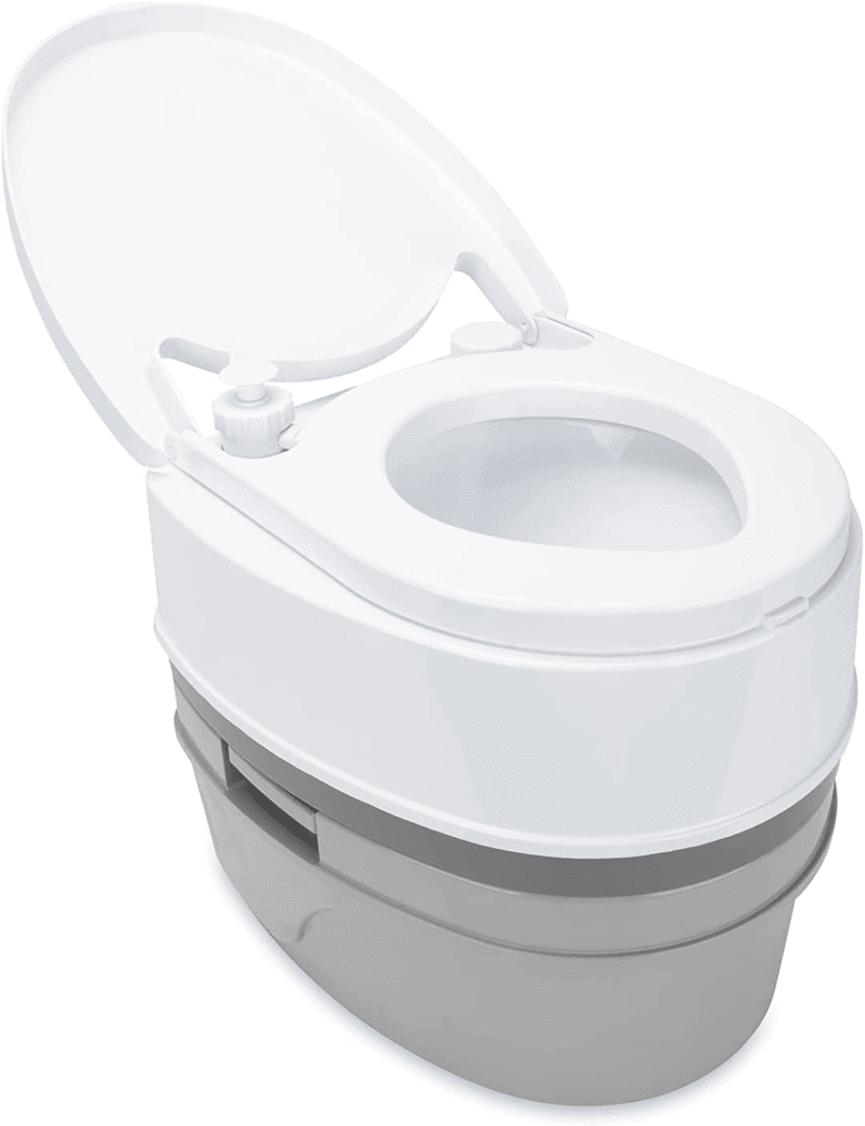 The Camco Portable Toilet. Grey on the bottom and white on top.