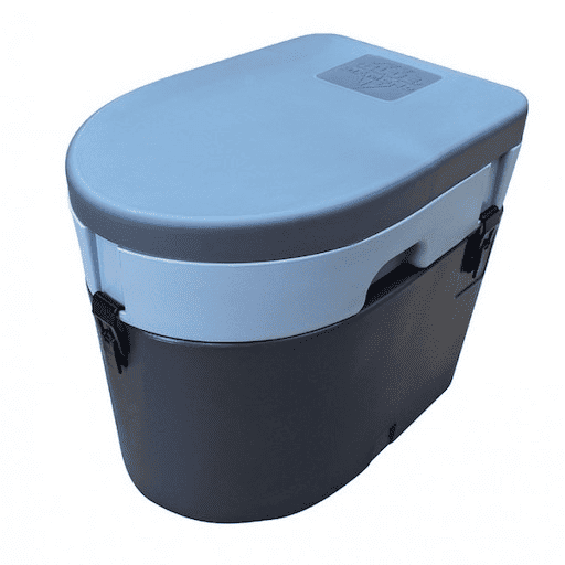 Blue Diamond Composting Toilet. In three shades of blue with the lid down.