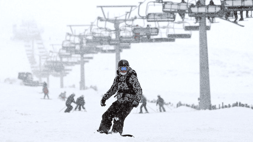 Skiers and Snowboarders on the Nevis Range. Photo by https://www.bbc.com/news/uk-scotland-highlands-islands-58801799