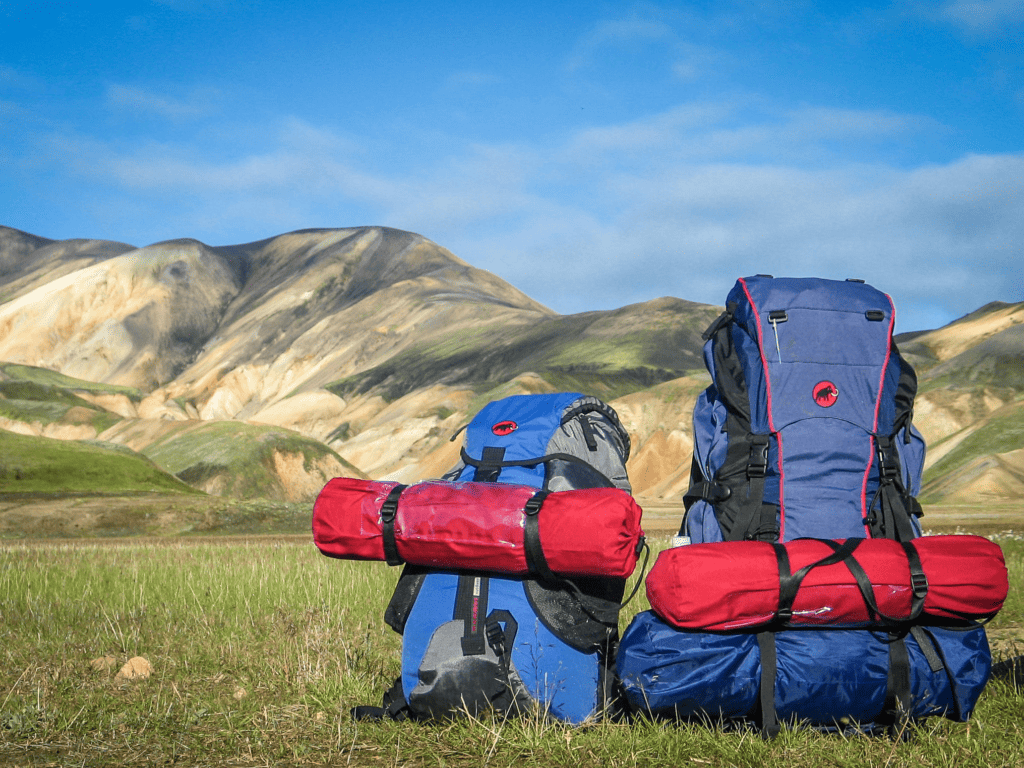 Two backpacks with tents/sleeping mats strapped to them standing up on the grass. Photo by S&B Vonlanthen on Unsplash
