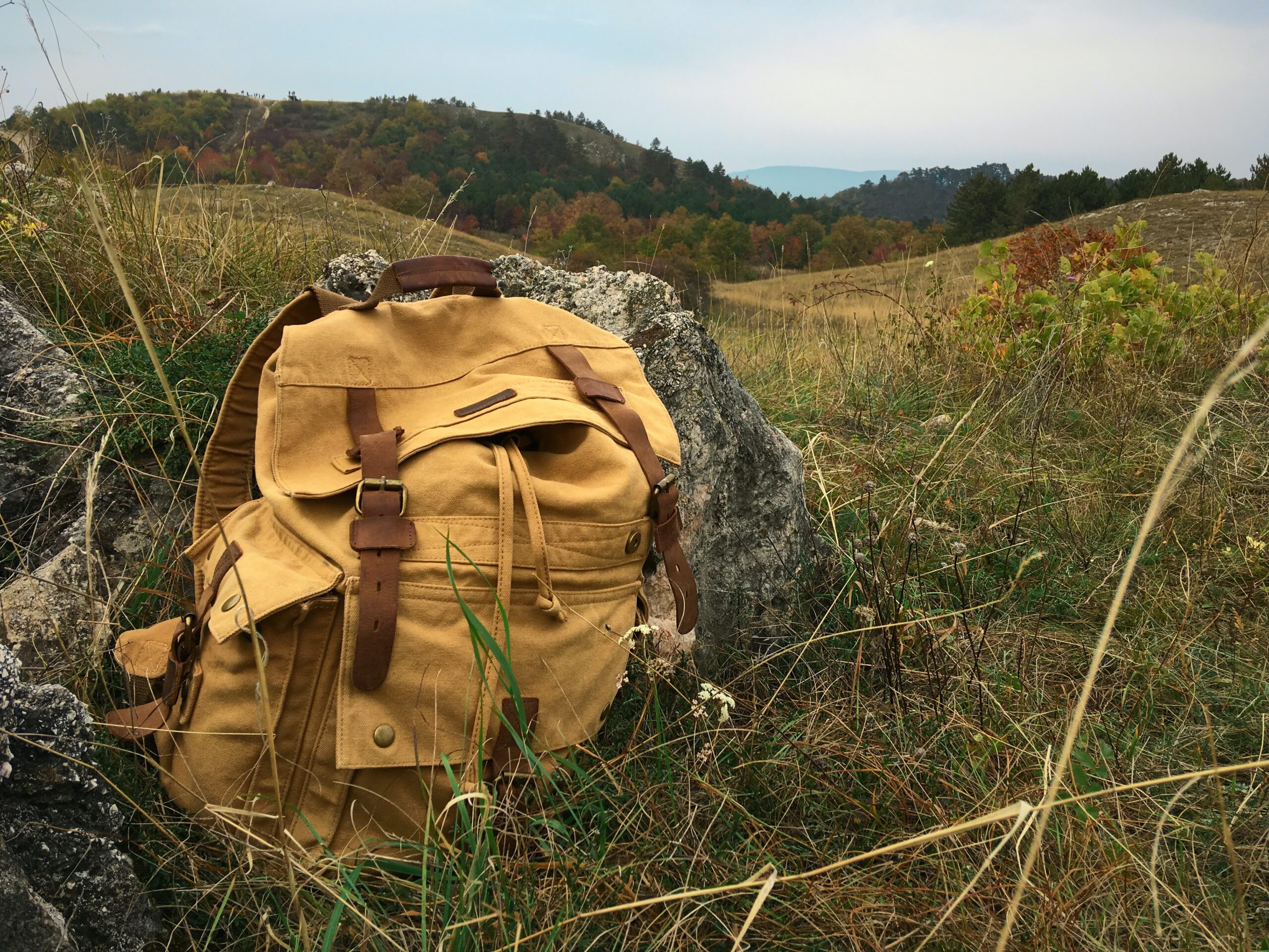 A hiking backpack in a grassy field. Photo by Adam Hornyak on Unsplash