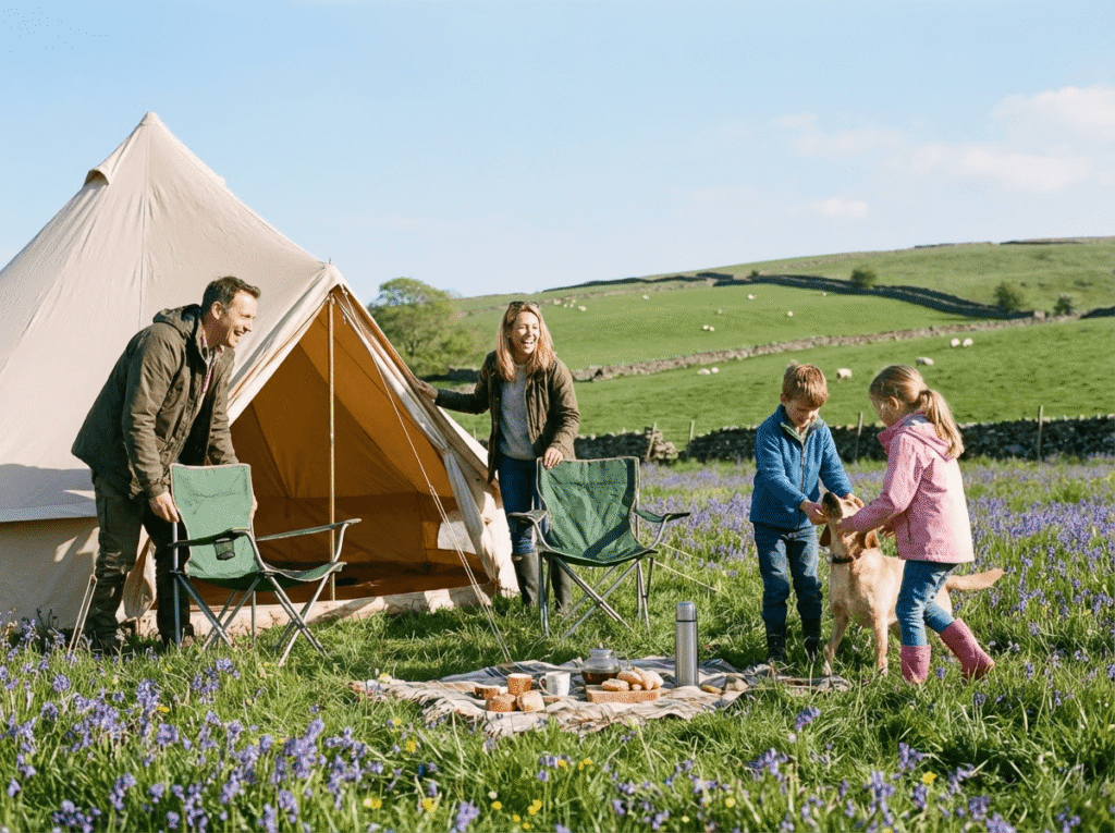 A family camping in spring with wildflowers around them. You young children are playing with the Labrador dog. Source: Rebecca Campbell