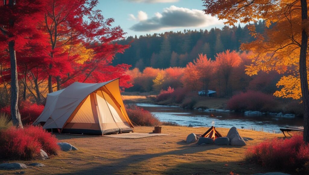 A tent near a river with the trees turning autumnal shades. Source: Canva