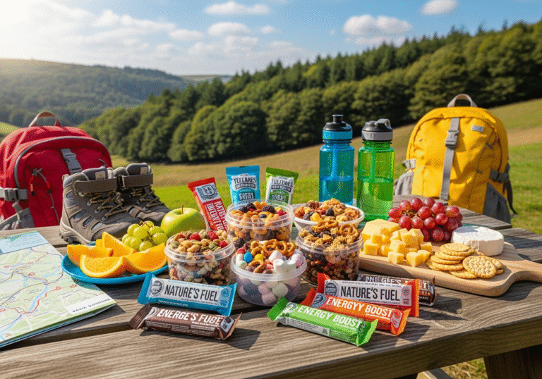 Hiking snacks on a table outside with lots of clustered trees in the background. Best hiking snacks for kids. Source: Rebecca Campbell Ltd