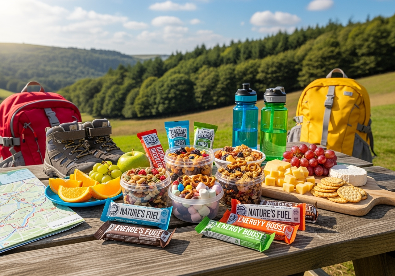 Hiking snacks on a table outside with lots of clustered trees in the background. Best hiking snacks for kids. Source: Rebecca Campbell Ltd