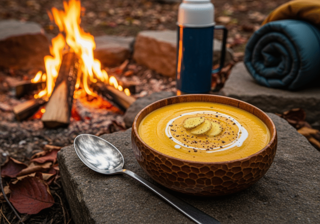 An image of Butternut Squash and Ginger Soup at a campsite. Source: Rebecca Campbell