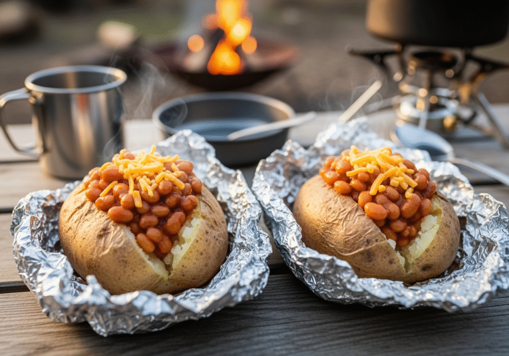 Jacket Potatoes with Baked Beans and Melted Cheddar Cheese. Source: Rebecca Campbell