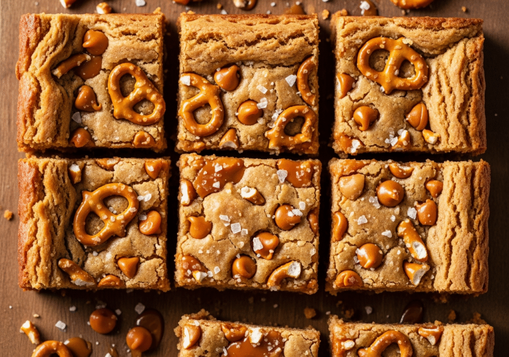 An image of Peanut Butter Pretzel Butterscotch Blondies. Source: Rebecca Campbell