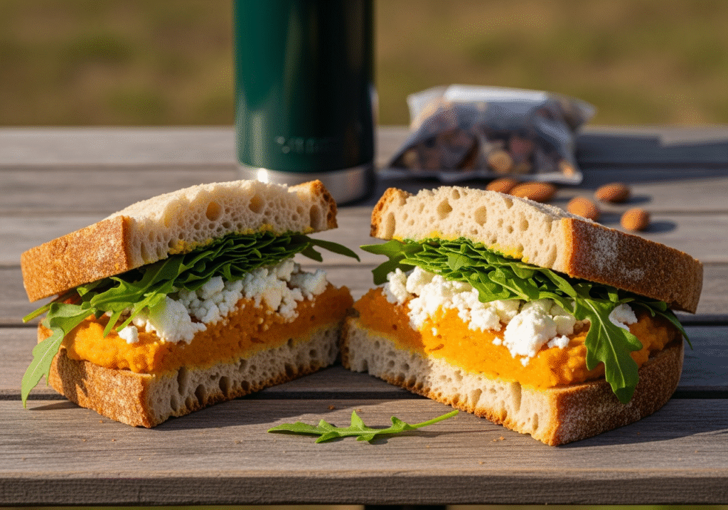 An image of Roasted Butternut Squash and Feta Sandwich on a camping table. Source: Rebecca Campbell