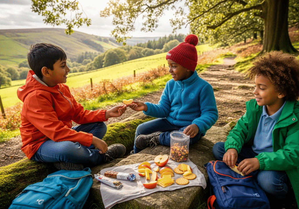 Three school age children eating a healthy snack during a rest stop on a hike. Source: Rebecca Campbell