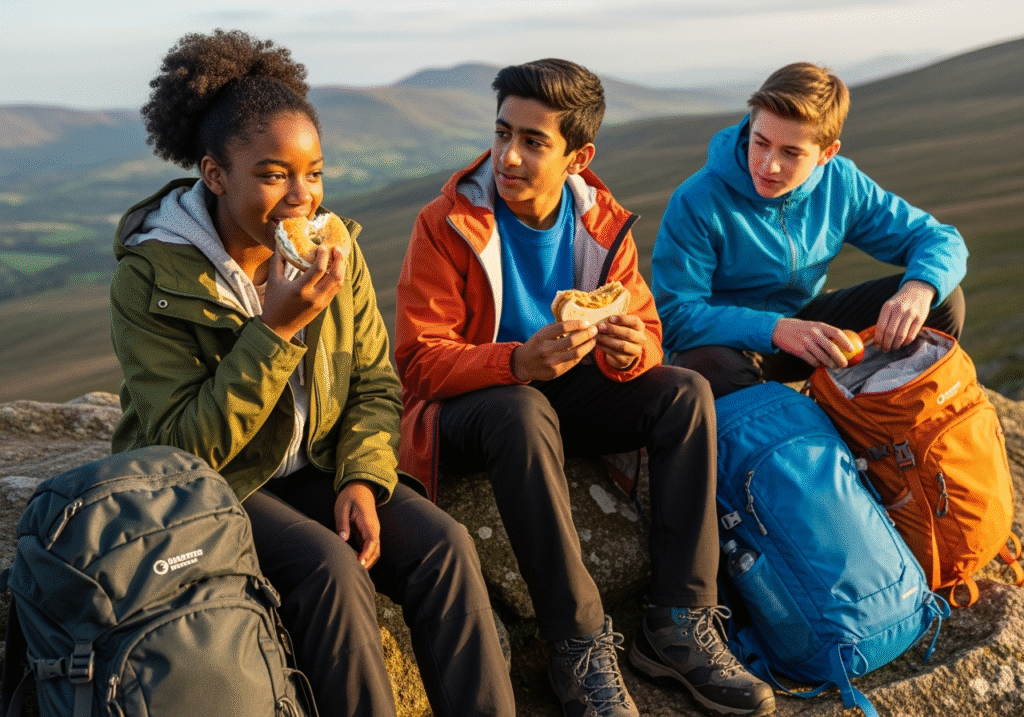 Three teenagers eating healthy snacks while on a hike. Source: Rebecca Campbell