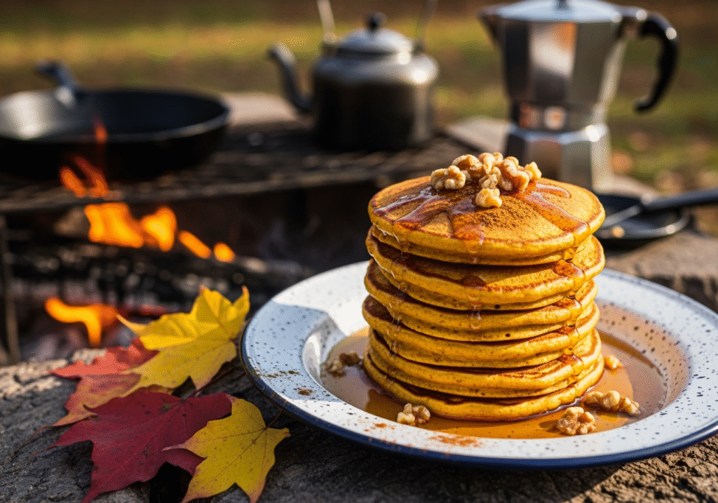 An image of Vegan Pumpkin Spice Pancakes with camping cooking equipment in the background. Source: Rebecca Campbell