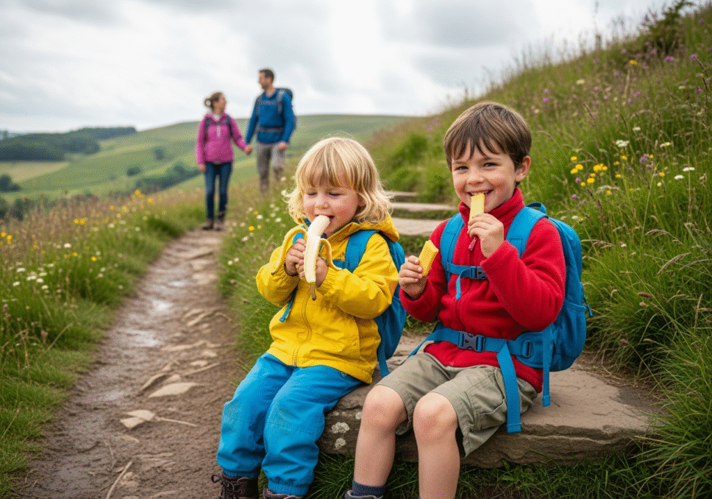 Two young children eating a snack on a hiking trail. One is eating a banana and the other is eating cheese sticks. Their parents are blurred in the background, holding hands and looking at each other. Source: Rebecca Campbell