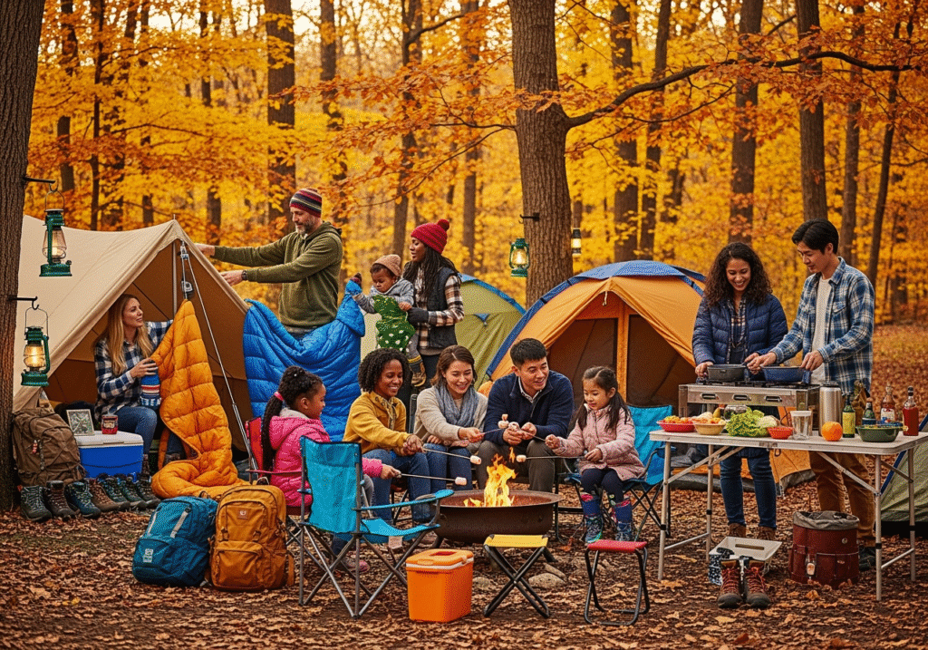A group of families camping surrounded by their camping gear. Best autumn camping gear. Source: Rebecca Campbell Ltd