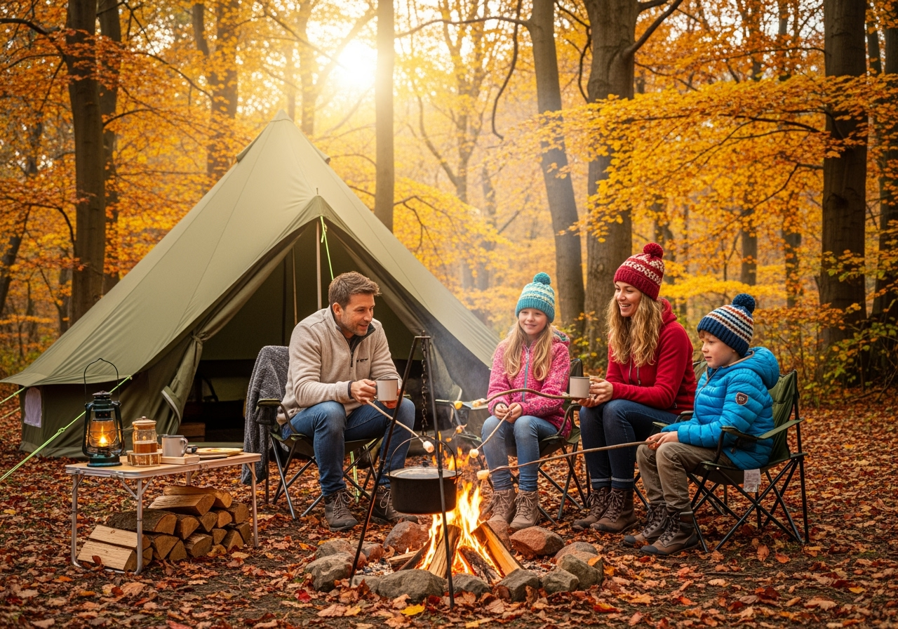 A family of four camping outside in a forest around a campfire with the leaves a golden brown. Source: Rebecca Campbell Ltd