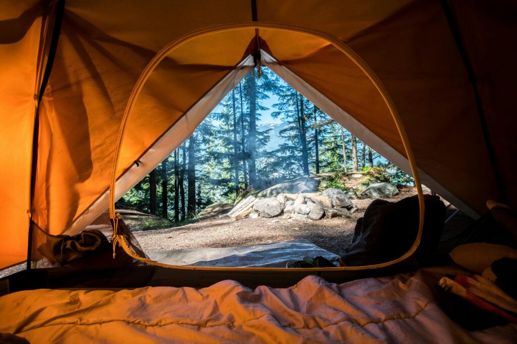 An open tent overlooking trees in a forest. Photo by Scott Goodwill on Unsplash