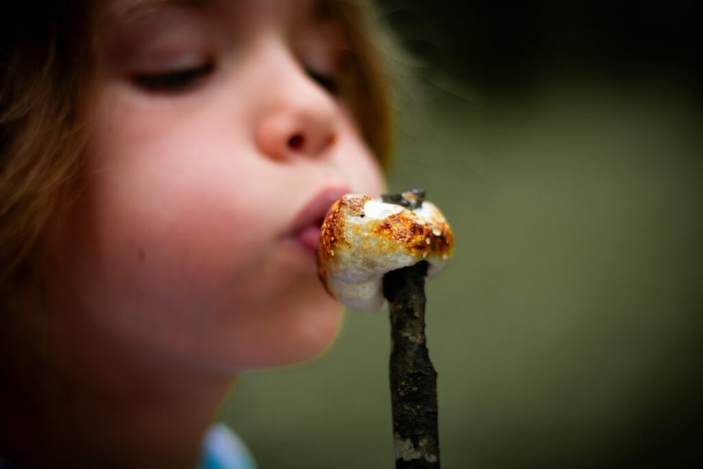 A young child eating a roasted marshmallow. Photo by Jasmin Börsig on Unsplash
