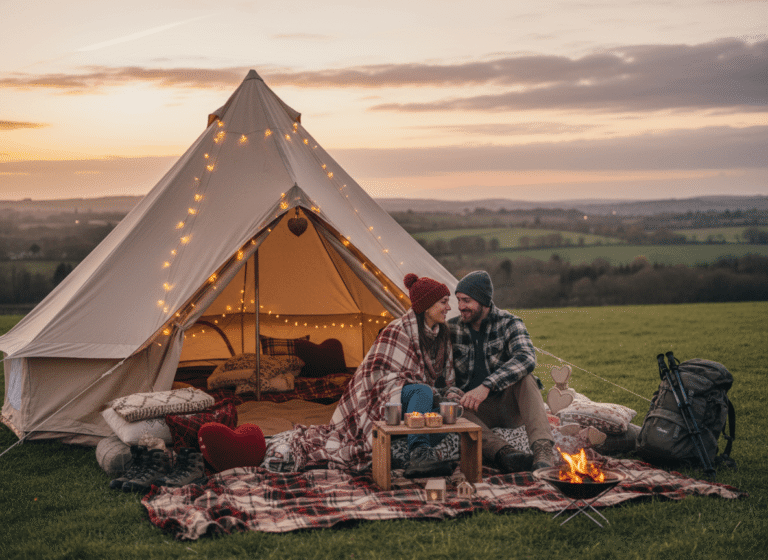 A couple camping in a tent. Valentine's Day gifts for campers and hikers. Source: Rebecca Campbell
