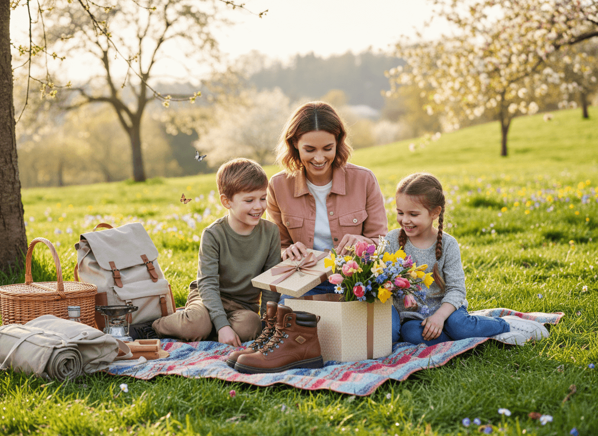 A mother sitting outside on a picnic blanket with a little boy and girl either side of her, opening her Mother's Day gifts. Mother's Day gifts for outdoorsy mums. Source: Rebecca Campbell