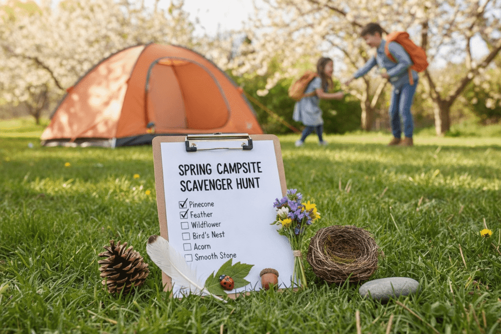 An image of two children playing in the background near their tent. In the foreground is a clipboard with a list of spring scavenger hunt things to find. Around the clipboard are some items found: a pinecone, a feather, a smooth stone, flowers, a leaf, and a bird's nest. Source: Rebecca Campbell