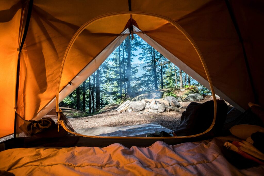 Looking through a tent into a forested area. Spring camping activities for families. Photo by Scott Goodwill on Unsplash