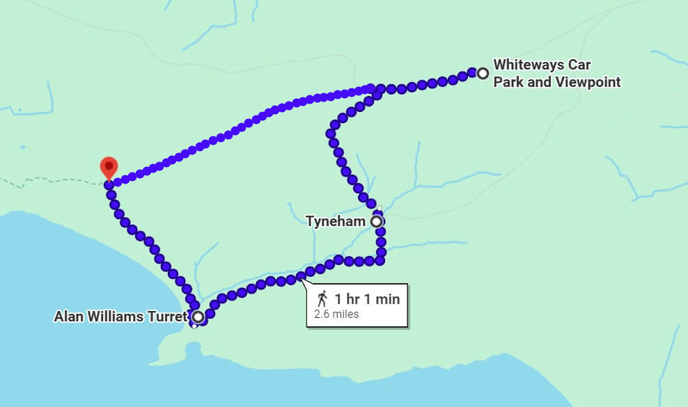 Our mapped route from Whiteways Car Park down to Tyneham and along to Worbarrow Bay. Source: Goggle Maps