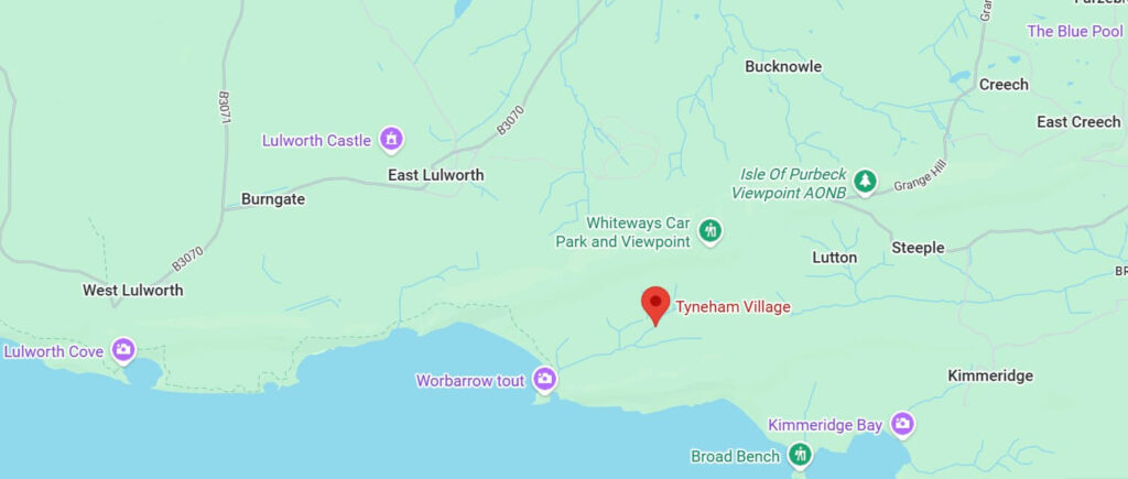 A Google map of Tyneham Village with surrounding areas near it, including Lulworth Castle, Kimmeridge, and Kimmeridge Bay. Source: Google Maps