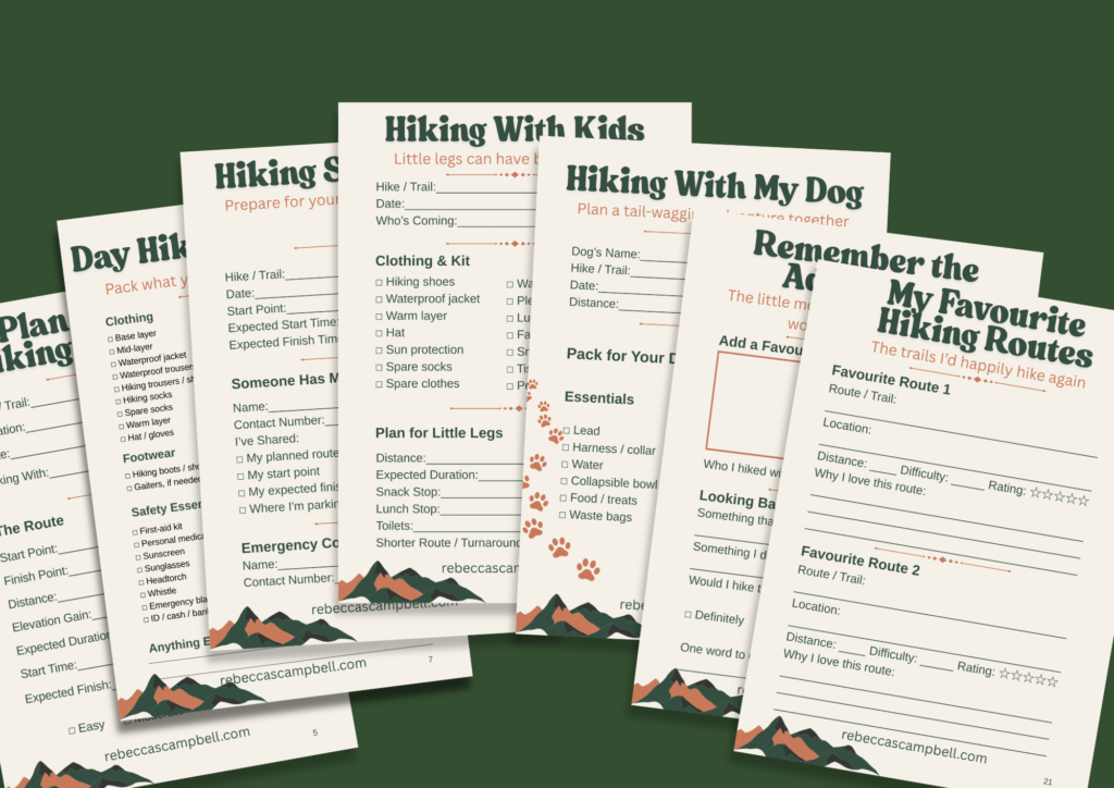 Hiking Adventure Planner printable packing checklist and route planning pages Source: Rebecca Campbell Ltd