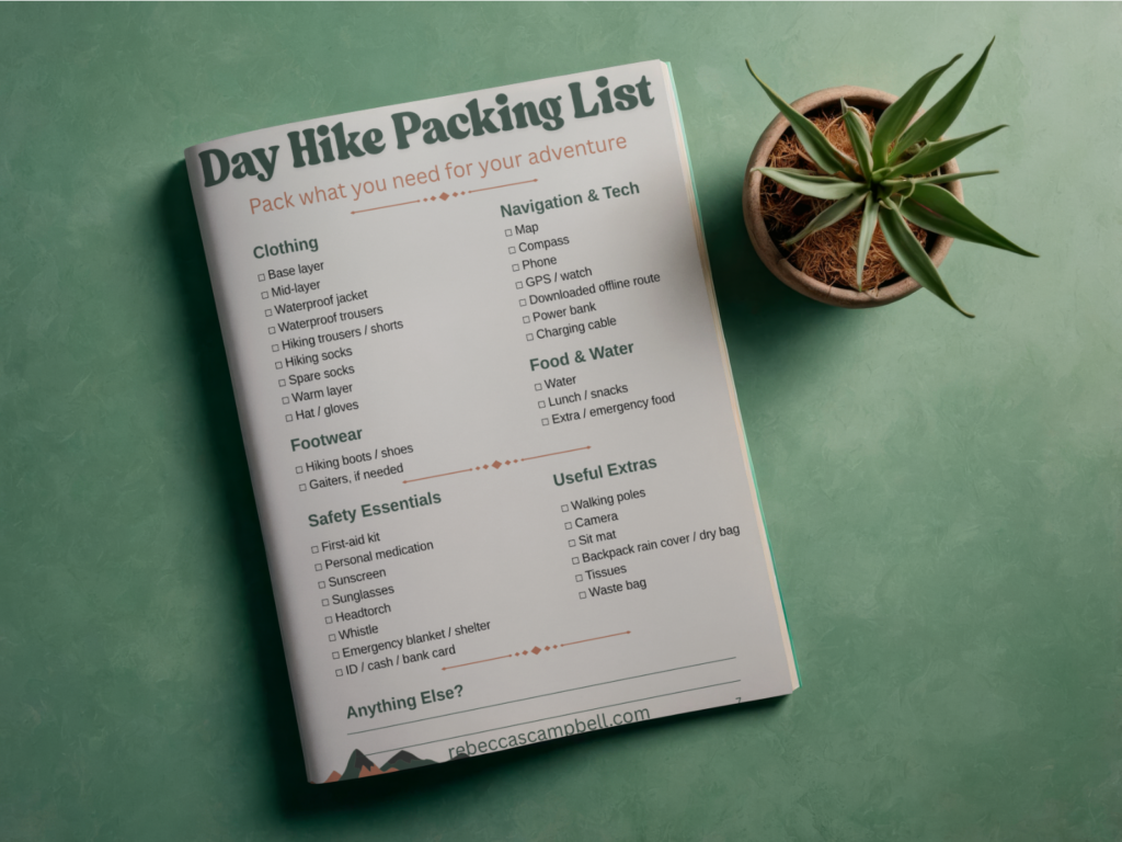 Day Hike Packing List from the Hiking Planner. Source: Rebecca Campbell Ltd